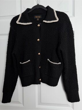 Truth Black Teddy Cardigan with White Trim and Gold Buttons